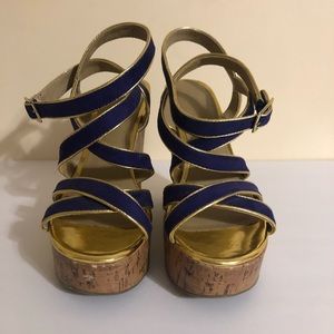 Purple and gold wedges ankle strapped